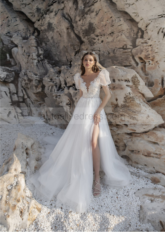 Short Sleeves Beaded Ivory Lace Tulle Slit Wedding Dress Short Sleeves Beaded Ivory Lace Tulle Slit Wedding Dress